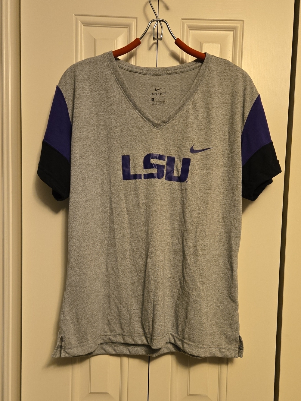 Nike Grey LSU V-Neck Tee with Purple and Black Accents